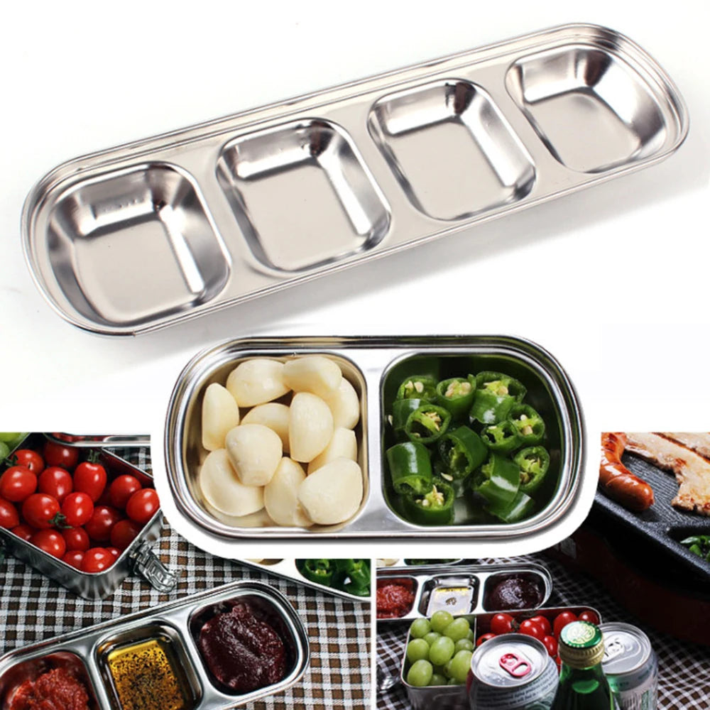 Stainless steel outdoor barbecue dipping dish multi-grid seasoning dish divided grid dipping sauce soy sauce vinegar dish Vue 4 grid
