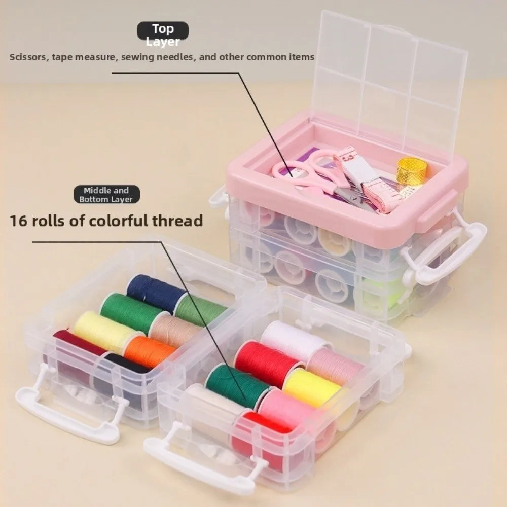 18pcs Craft Spools DIY Sewing Tool Kit Portable Three-Layer Needlework Box Large Capacity Sewing Kit Box Cross Stitching Vue