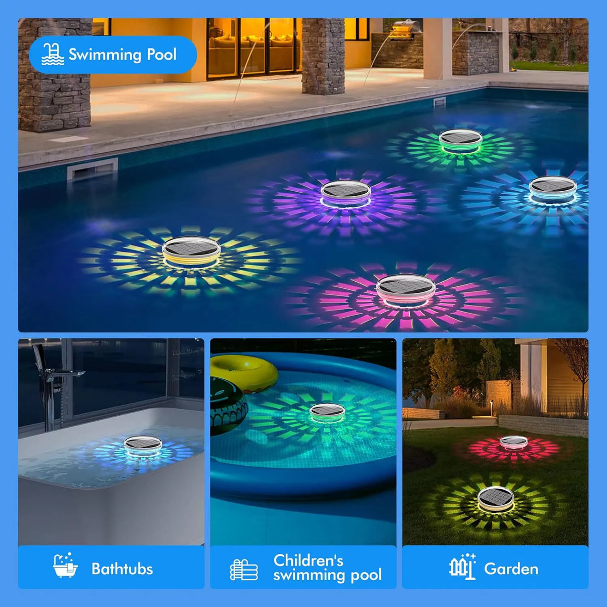 Solar Floating Pool Lights, RGB LED Underwater Lights with Remote Control, 9 Modes IP67 Waterproof for Swimming Pool Party Decor Vue