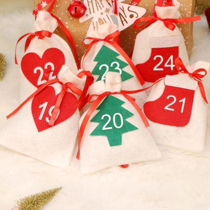 24PCS Festive Drawstring Pouch Christmas Party Favor Bag with Number Tags Felt Advent Calendar Countdown Decoration Vue