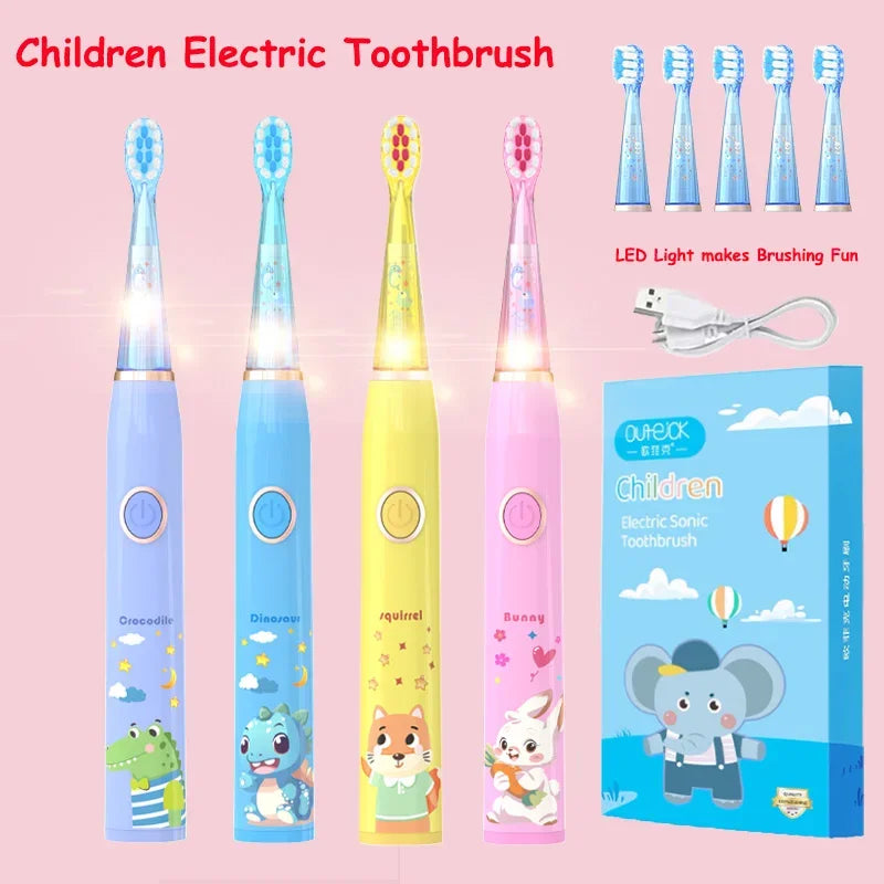 Kids Cartoon Colorful LED Light Sonic Children Electric Toothbrush IPX7 Waterproof 2 mins Smart Timer Rechargeable Toothbrush Vue