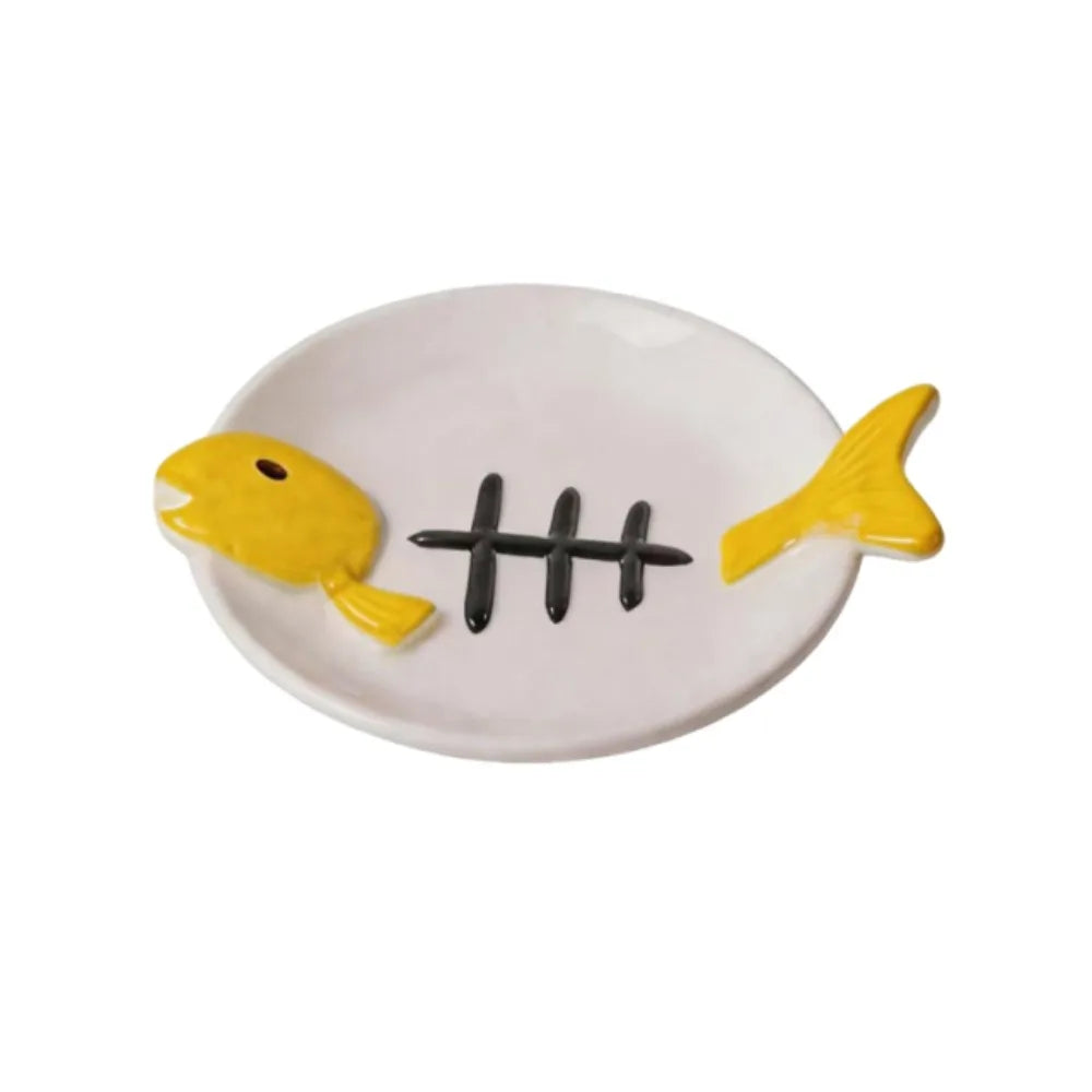 Cat Basin Ceramic Elevated Cat Bowl Fish Bones Anti-Vomiting Pet Food Water Bowl Anti Slip Cute Raised Pet Feeder Wet Dry Food Vue Yellow