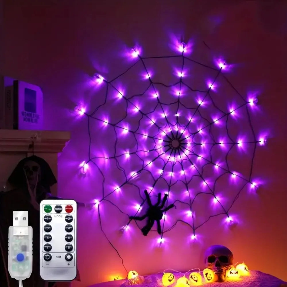 Halloween Spider Web LED String Lights with Plush Spider, USB Powered for Indoor Halloween Party, Haunted House, and Wall Decor Vue