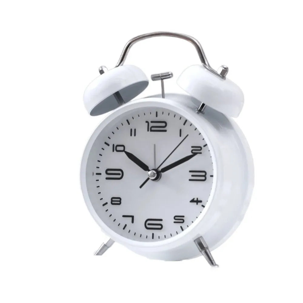 4 Inch Twin Bell Loud Alarm Clock Luminous Non-Ticking Student Alarm Clock Metal Frame Silent Strong Wake-up Table Clock Vue White