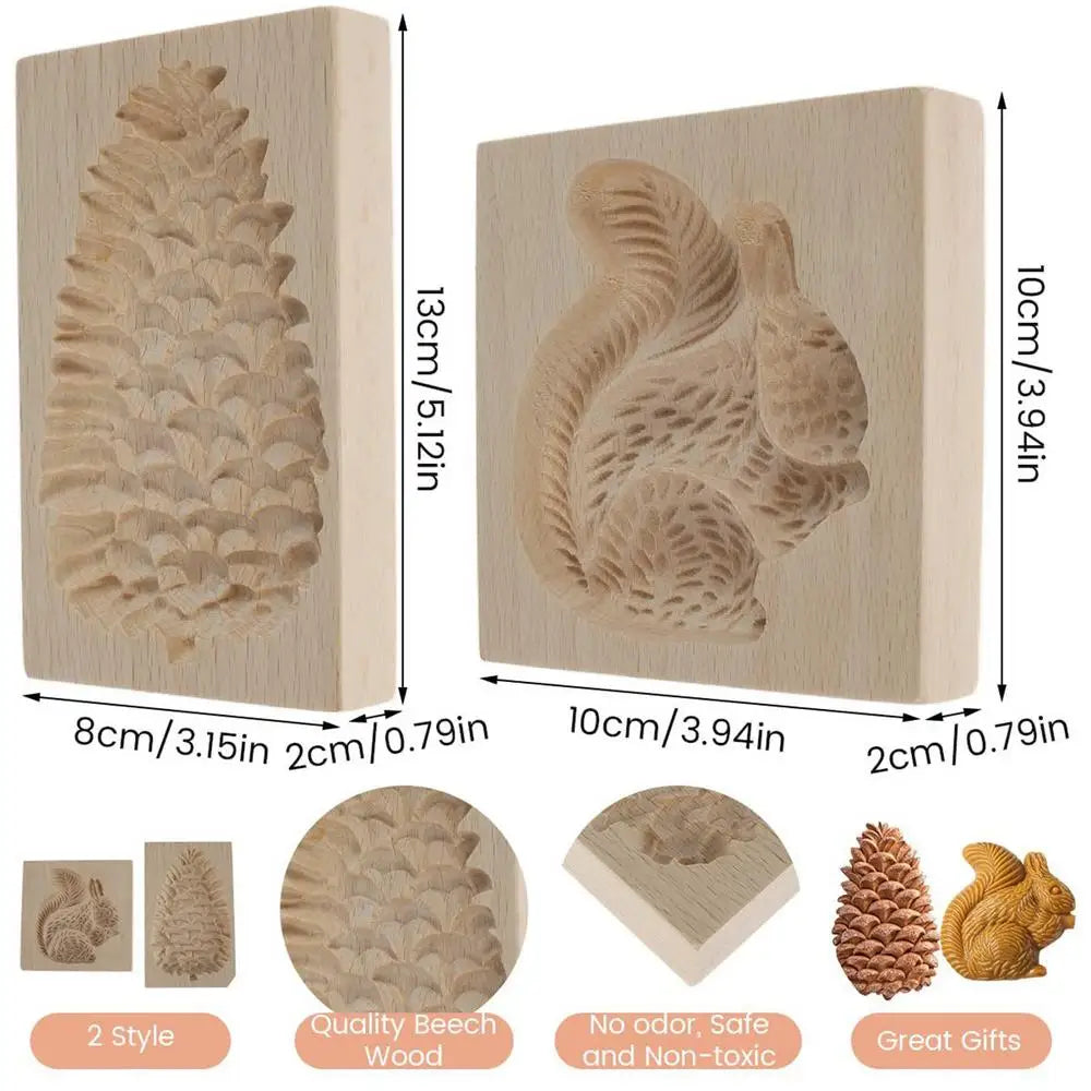 Wooden Cookie Molds 2 Pieces Reusable Cutter 3D Squirrel And Pine Cone Cookie Stamp Mold for Beginner Easter Halloween Christmas Vue 2pcs