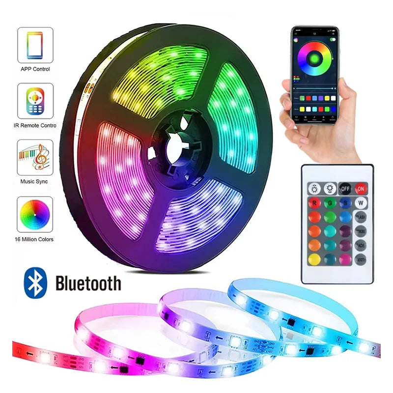 1-15M RGB LED Tape Smart Bluetooth APP Music Sync Color Changing Diode Light for TV Background Gaming Room Holiday Party Decor Vue Bluetooth Remote RGB 1M