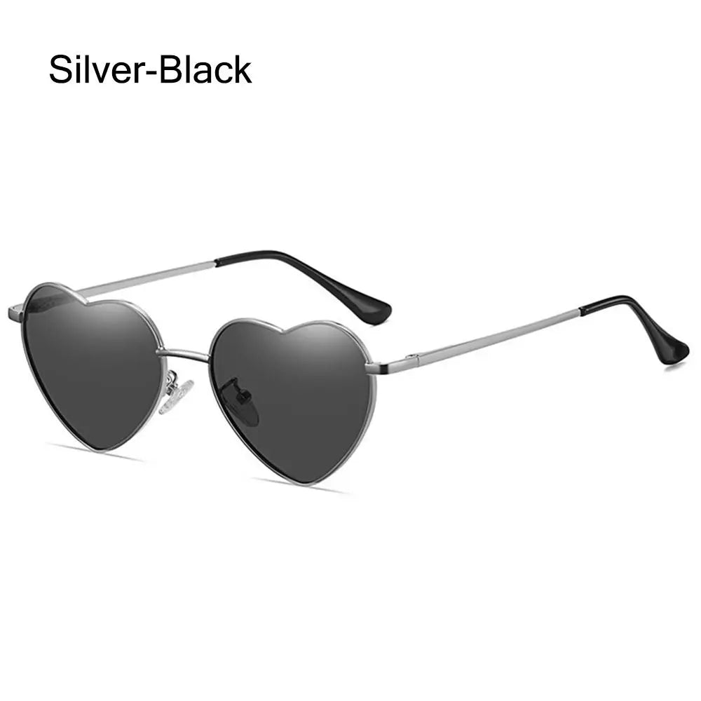 Women Fancy Accessories Metal Frame Heart Sun Glasses Shades 90s Glasses Heart-Shaped Sunglasses Vue Silver-Black
