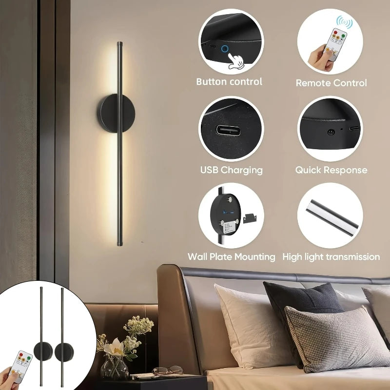 Battery Operated Wall Sconce Wireless LED Light 5v with Remote Control USB Rechargeable Wall Lights for Bedroom Living Room Vue 2Pack black