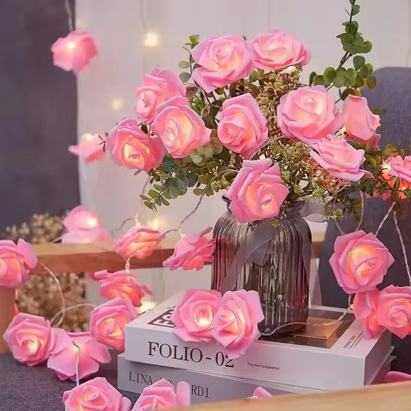 LED Pink Rose Flower String Lights Battery Operated for Wedding Home Party Birthday Festival Indoor Outdoor Valentines Day Decor Vue