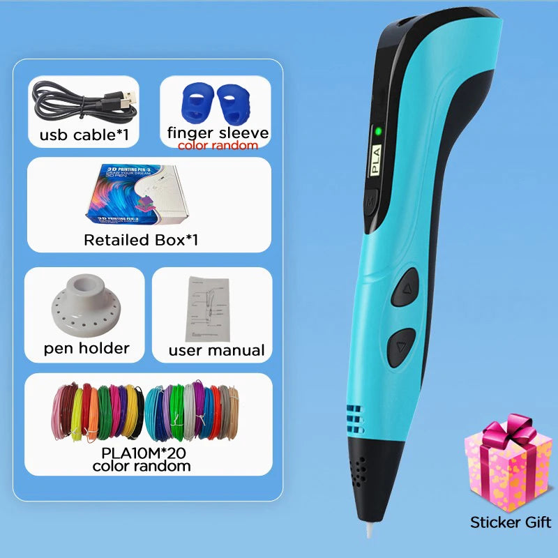 3D Pen Kids PLA Filaments 3D Priting Pen Children DIY Drawing Pens Type C Port Boys Girls Christmas Birthday Gifts Vue with 200M PLA 1 EU version
