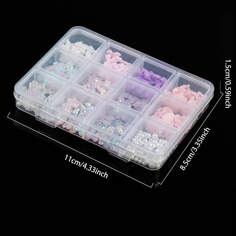 12/15 Grids/Box 3D Nail Art Decoration Kit With Resin Bowknot Pearls Heart & Assorted Shapes Kawaii Nail Charms DIY Manicure Art Vue