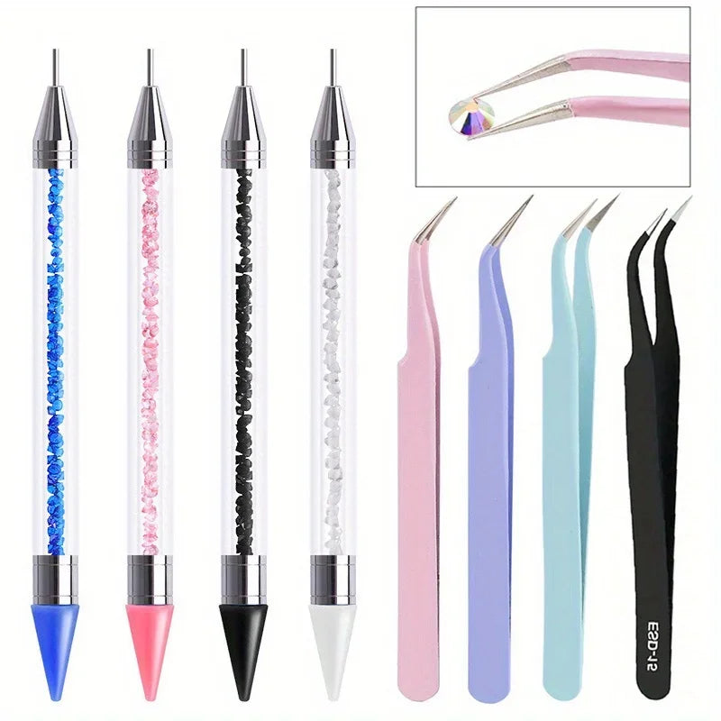 2Pcs set of manicure double-ended diamond pens with crayons stainless steel tweezers nail art grafting eyelashes manicure tools Vue