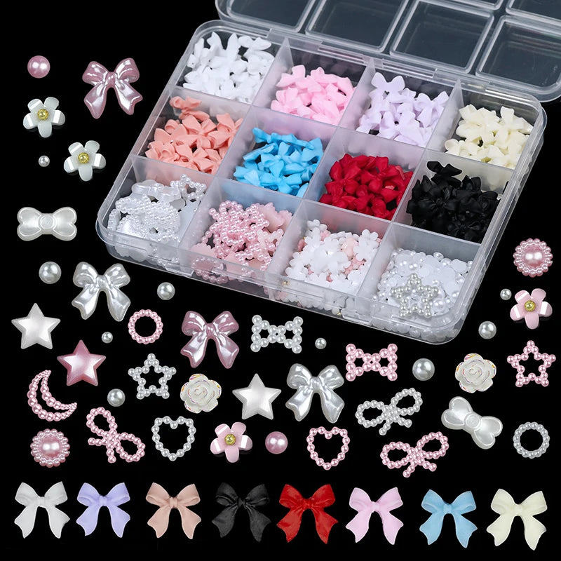 12/15 Grids/Box 3D Nail Art Decoration Kit With Resin Bowknot Pearls Heart & Assorted Shapes Kawaii Nail Charms DIY Manicure Art Vue