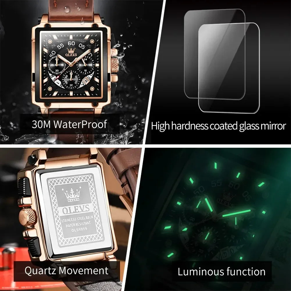 OLEVS 9919 Square Quartz Watch – Leather, Luminous, Waterproof Quartz Wristwatch Vue