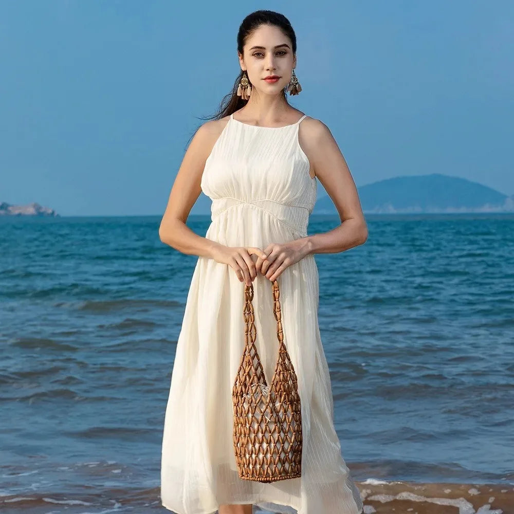 Elegant Bohemian Woven Hand Bag Female Style Exquisite Design Wooden Bead Tote Handmade Hollow-out Handbag Casual Use Vue