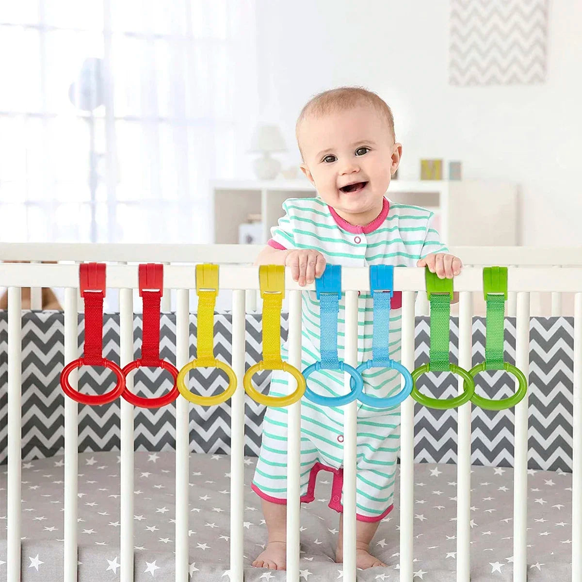 vvocci 4pcs Cot Rings Walking Baby Crib Pull Rings for Walking Training Assistant Rings Baby Stand up Ring Protection Ergonomic Vue