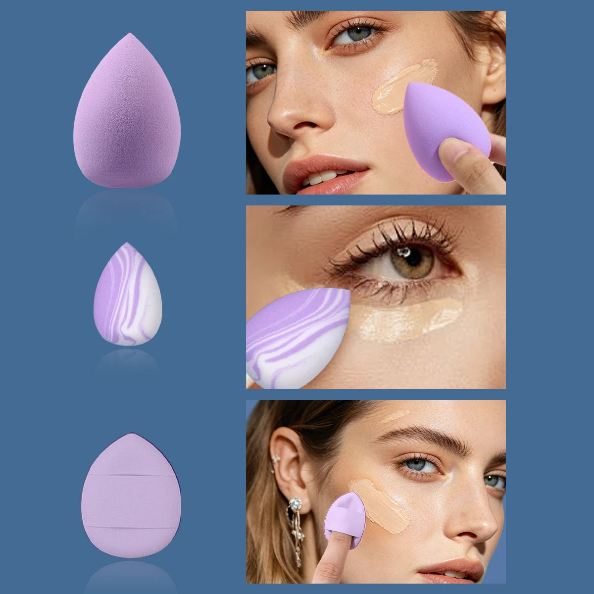8Pcs Purple Makeup Sponge & Powder Puff Set Large Mini Teardrop Beauty Puff Triangle Makeup Puffs With Clear Storage Jar Foundat Vue