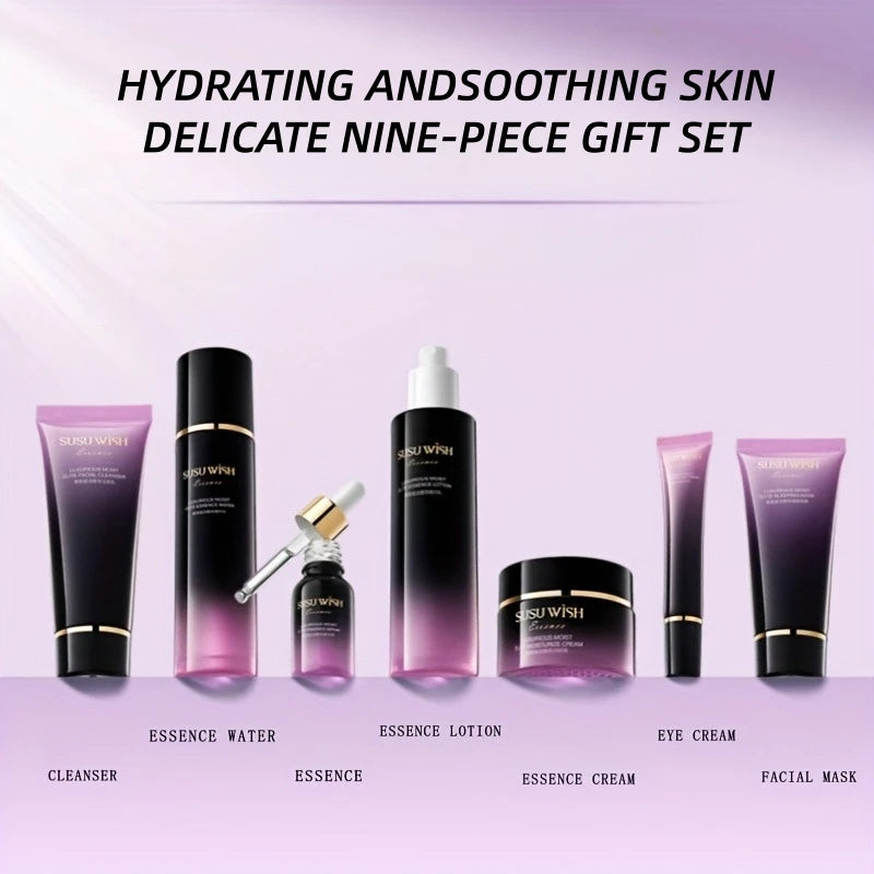 Luxurious and Elegant Nine-Piece Moisturizing Essence Set, Including Cleansing Milk, Essence Water, Essence Lotion, Essence Serum, Moisturizing Cream, Eye Cream, Sleeping Mask, Containing Niacinamide, Centella Asiatica Extrac Vue