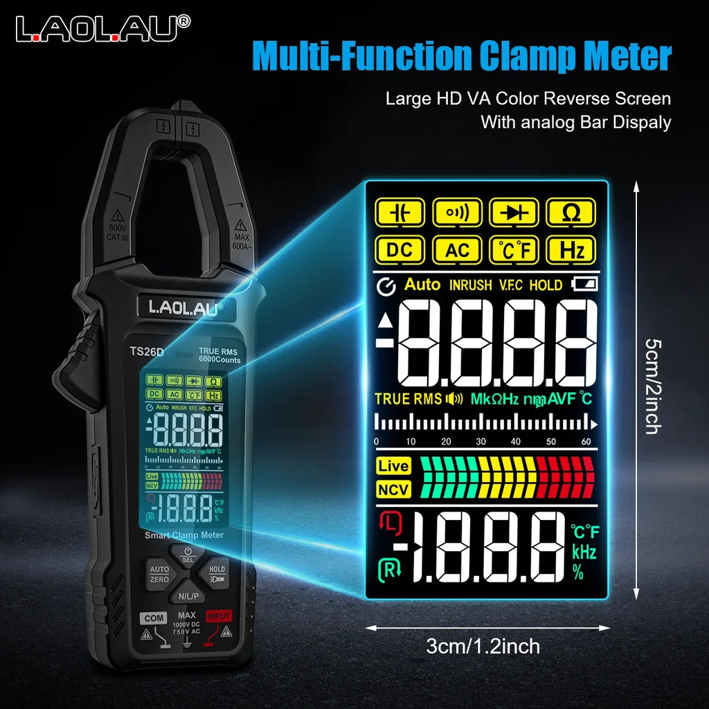 LAOLAU Digital Clamp Multimeter Phase Sequence AUTO Range Color Screen Rechargeable AC/DC Current Electric Tester TS26A TS26D Vue