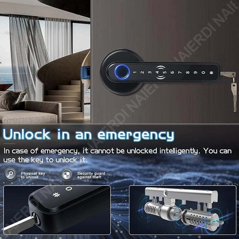 NAIERDI Fingerprint Door Lock with Handle Smart Lock Bluetooth Keyless Password Entry Door Lock with Tuya APP Digital Lock Vue