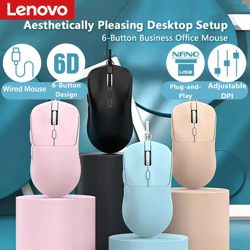 Lenovo Wired Mouse 6-Button Ergonomic USB Mouse with Adjustable DPI Plug-and-Play Wired Optical Gaming Office Mice PC Laptop Vue