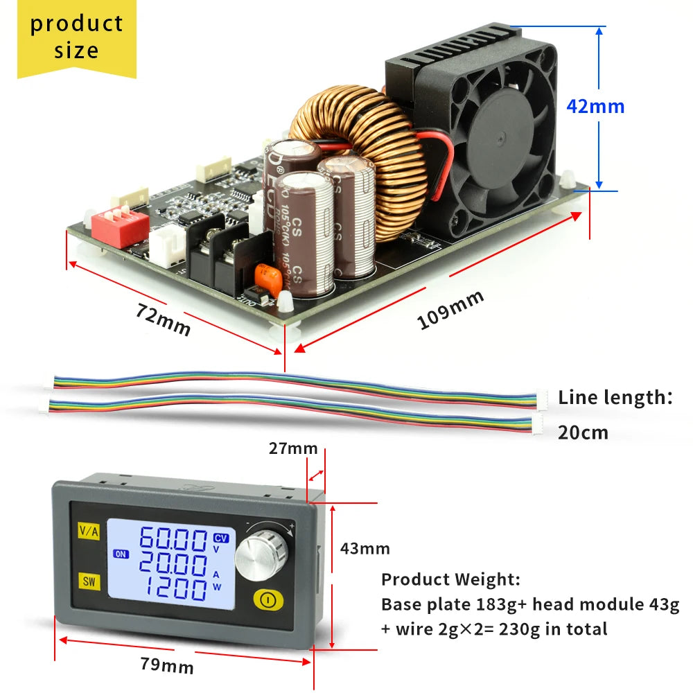 XY6020L 20A 1200W DC 6V-70V to 0-60V Buck Module CNC Adjustable DC Voltage Regulator Board CV CC Step Down Power Supply Module Vue