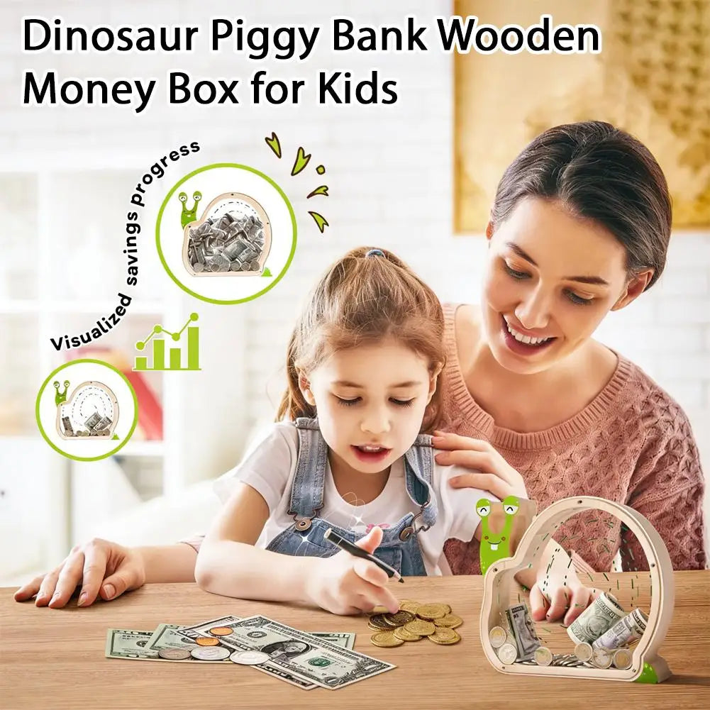 Wooden Dinosaur Piggy Bank For Kids Educational Toy To Foster Saving Habit, Safe Cash Jar, Gift For Boys Girls Room Decor Vue