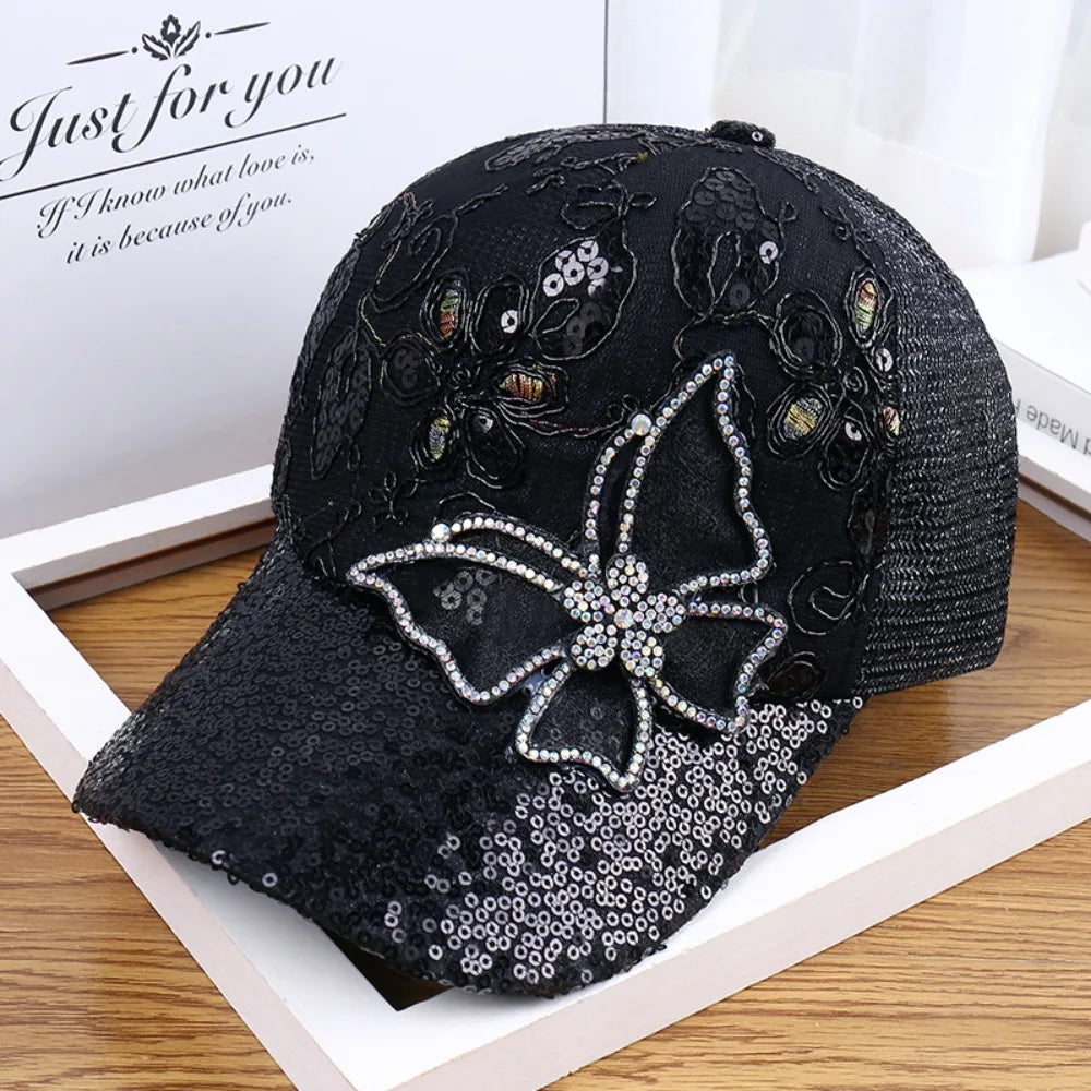 Trendy Mesh Women's Baseball Cap Black Rhinestone Butterfly Decor Sun