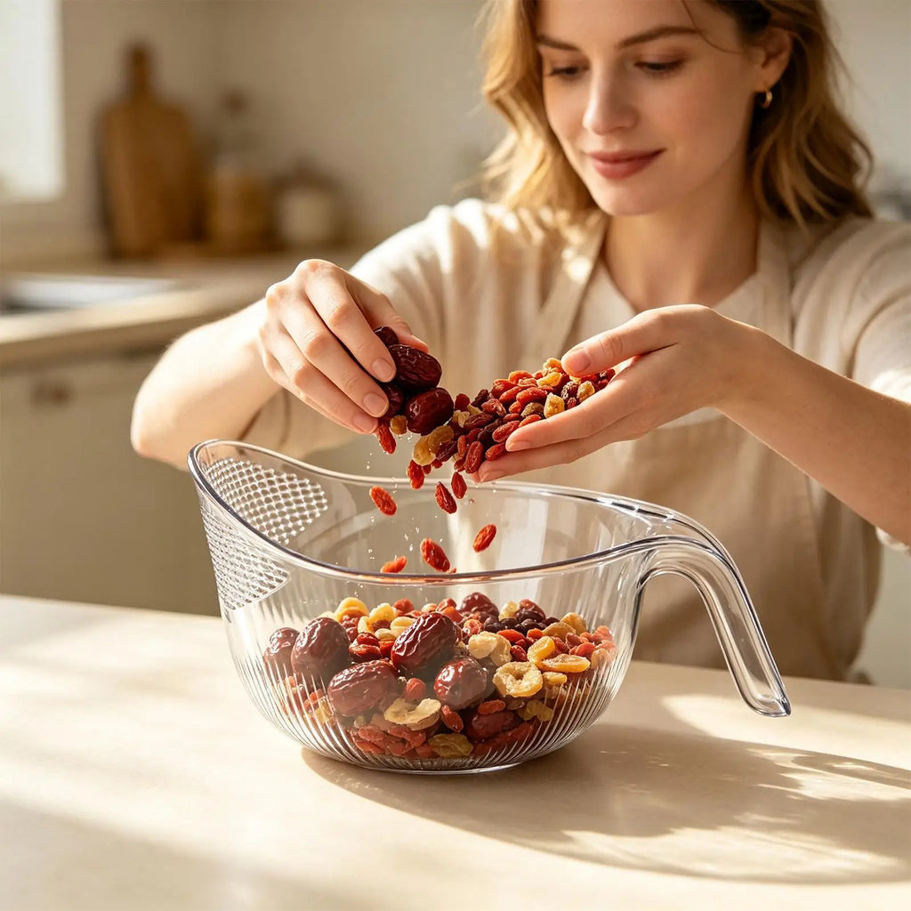 Multifunctional Rice Washing Colander, Strainer Bowl for Rinsing Vegetables, Grains & Beans, Kitchen Fruit Vegetable Drainer Vue
