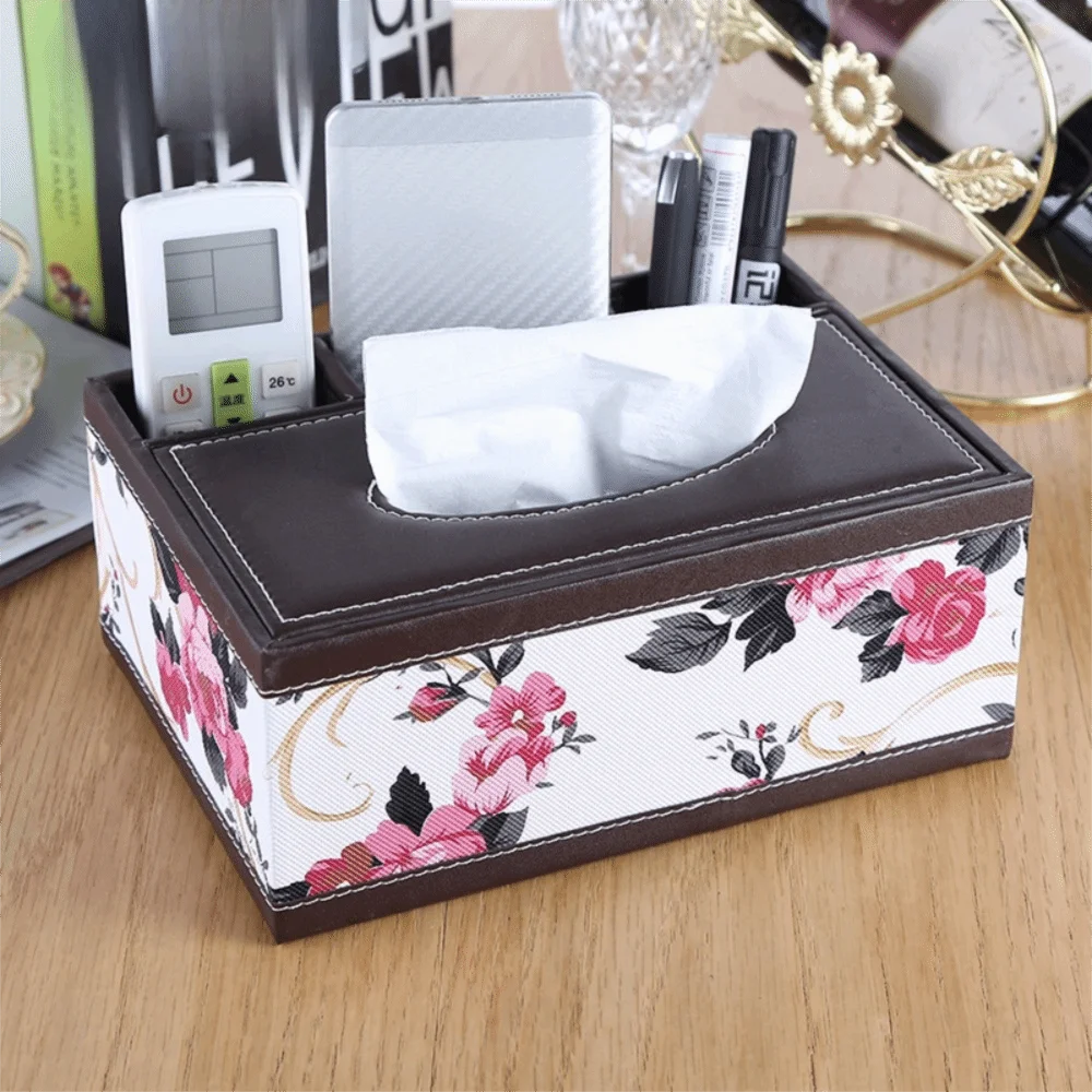 Artificial Leather Multi-functional Tissue Box Anti-moisture Rectangular Tissue Storage Box 4 Grid Tissue Paper Dispenser Vue