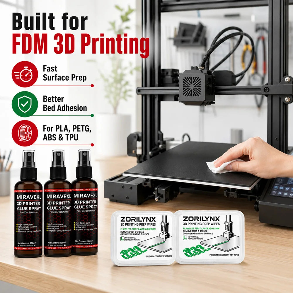 3D Printer Glue Spray 100ml Strong Bed Adhesion Anti-Warping Liquid Adhesive & Prep Wipes for FDM PLA ABS PETG PEI Glass Vue