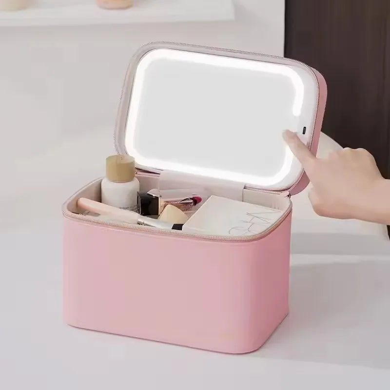 Travel PU Makeup Bag With Led Mirror Portable Cosmetic Case With Mirror And Light Travel Rechargeable Makeup Bag With Led Light Vue