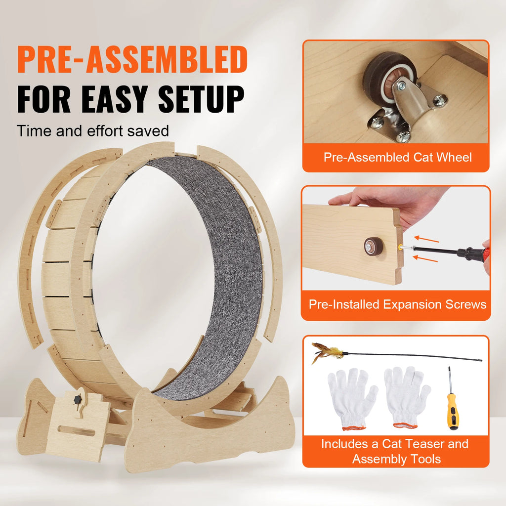 SucceBuy Wooden Cat Exercise Wheel Large Cat Treadmill Wheel for Indoor Cat Running Wheel with Detachable Carpet& Cat Teaser Vue