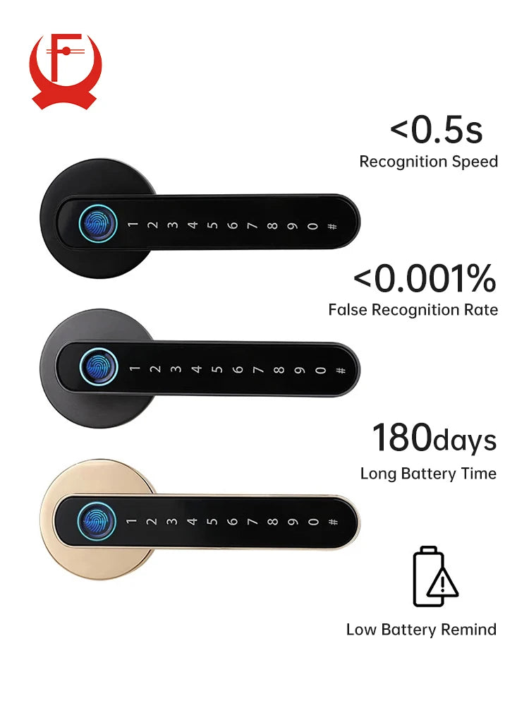 KAK Smart Fingerprint Door Lock Black Biometric Door Lock Password Keyless Entry Door Lock with Handle Security Door Hardware Vue