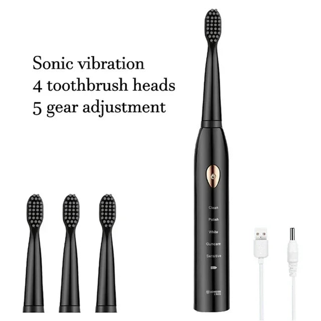 Sonic Electric Toothbrush 5-gear Mode USB Charging 4 colors IPX7 Waterproof Ultrasonic Rechargeable Soft Hair Toothbrush Vue 4 head Black