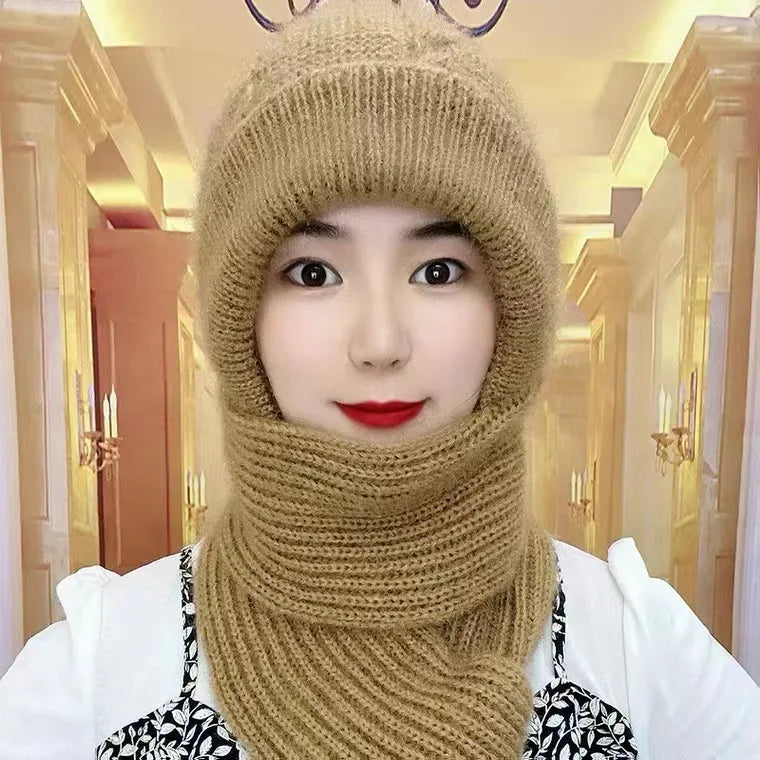 1/2/3PCS Women Integrated Scarf and Hat for Adults Thick Knitted Winter Beanie Cold Weather Windproof Fleece Lined Warm Cap Vue Khaki 1PC