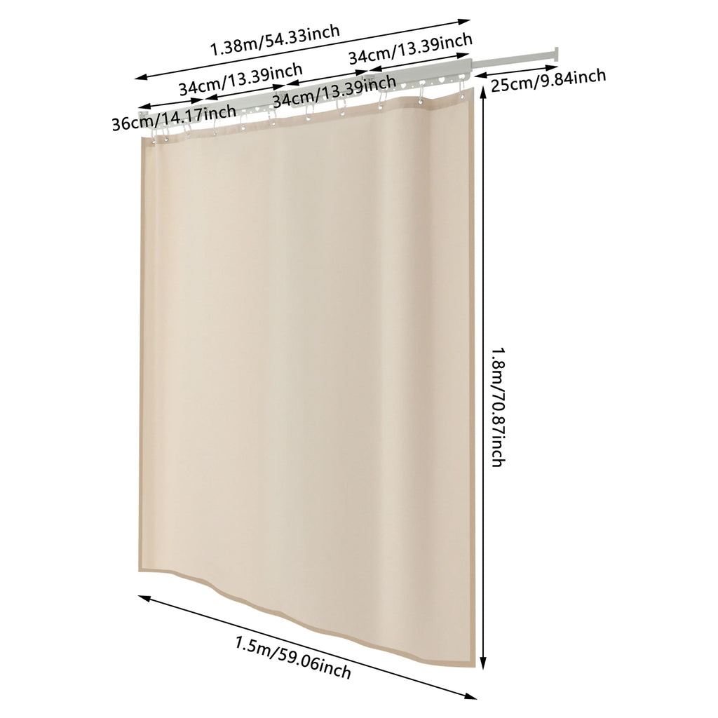 Folding Shower Curtain Set | 4-Section Rod, Drill-Free, Beige Shower Curtain Set Vue