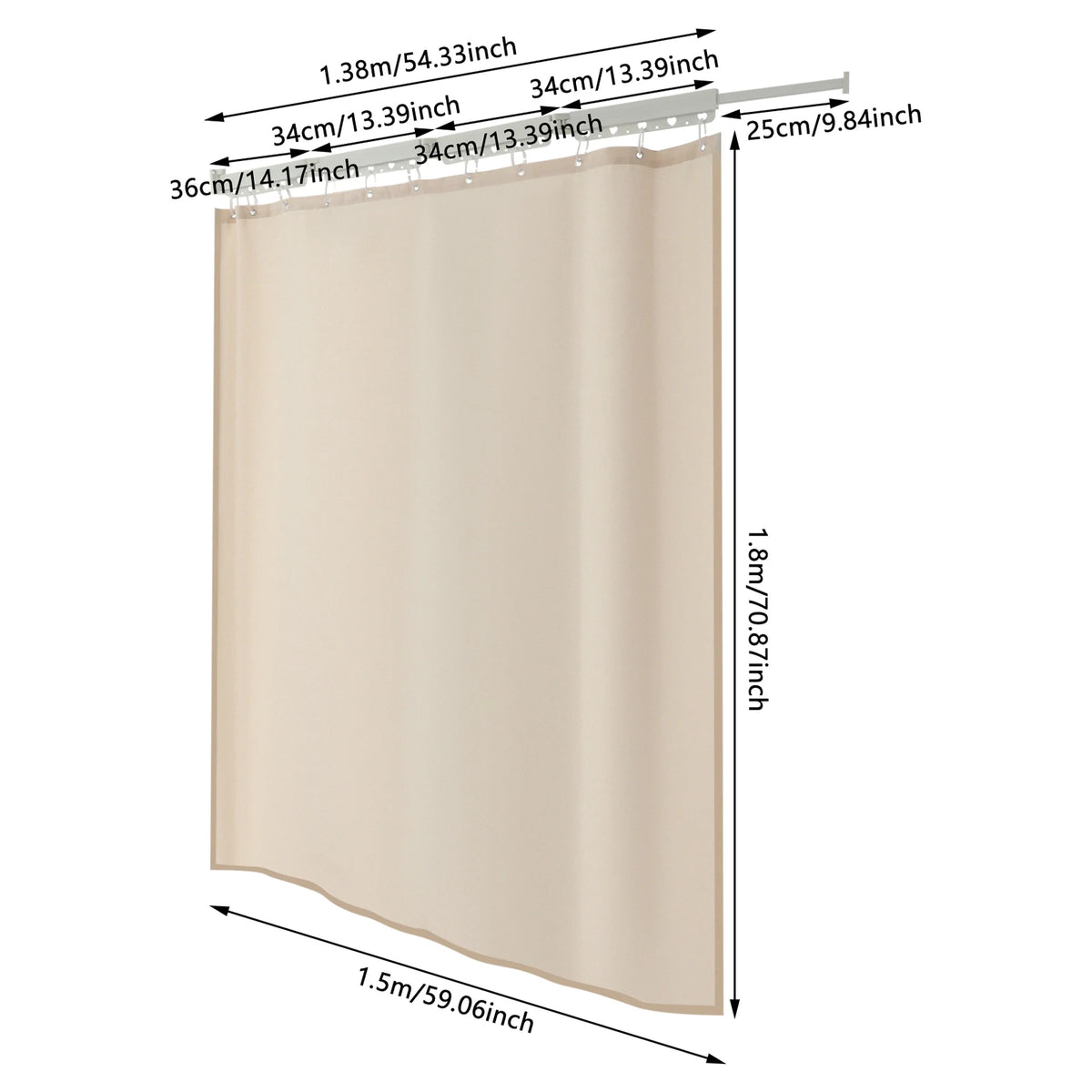 Folding Shower Curtain Set | 4-Section Rod, Drill-Free, Beige Shower Curtain Set Vue