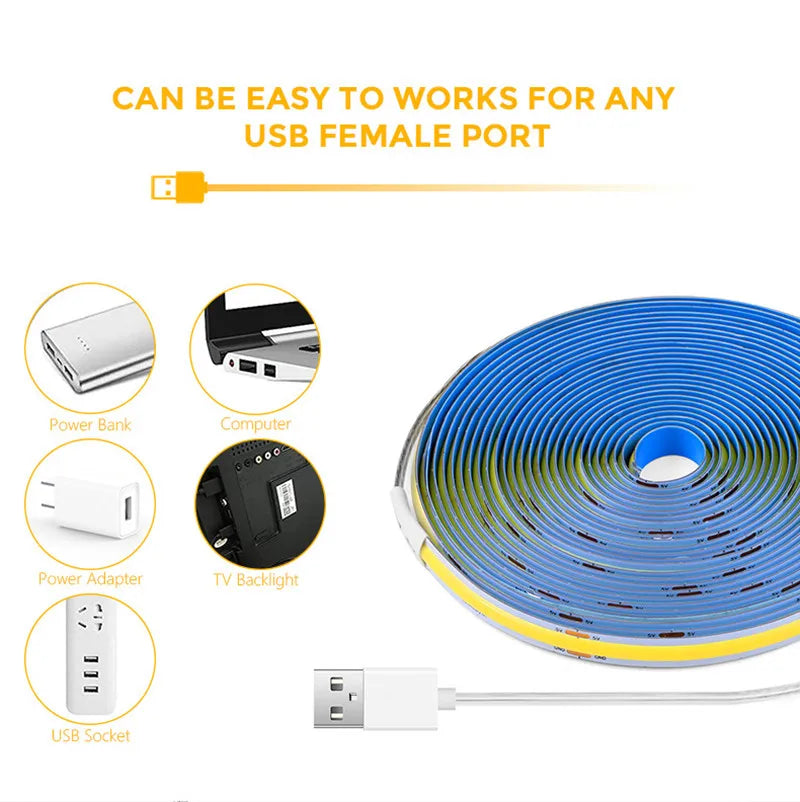 COB LED Strip Light 5V USB Waterproof With Button Switch Flexible Lamp Strip For TV Backlight Living Room Cabinet Decor Lighting Vue