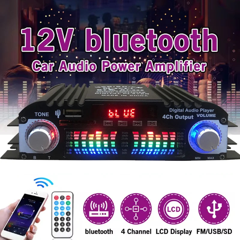 12V/220V Mini Bluetooth HiFi Power Amplifiers Stereo Car Home Audio Digital Sound Amplifier LCD Display FM SD USB Bass Vue