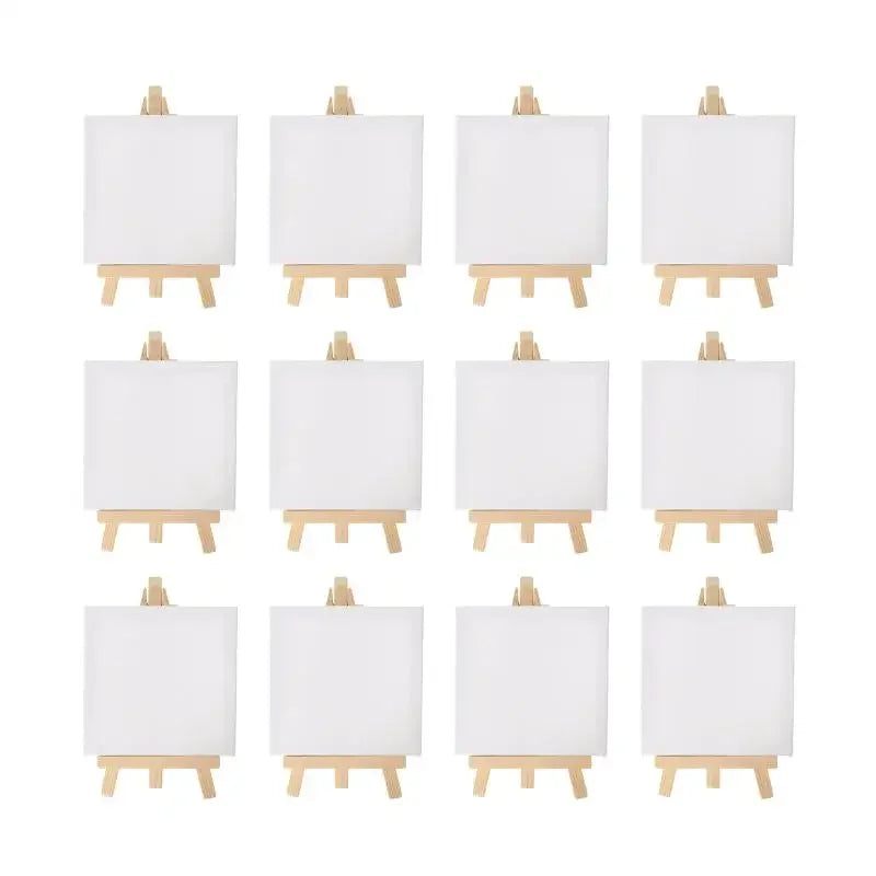 12Pcs Artists 5 inch Mini Easel + 3 inch x3 inch Mini Canvas Set Painting Kids Craft DIY Drawing Small Table Easel for School Vue 10x10cm