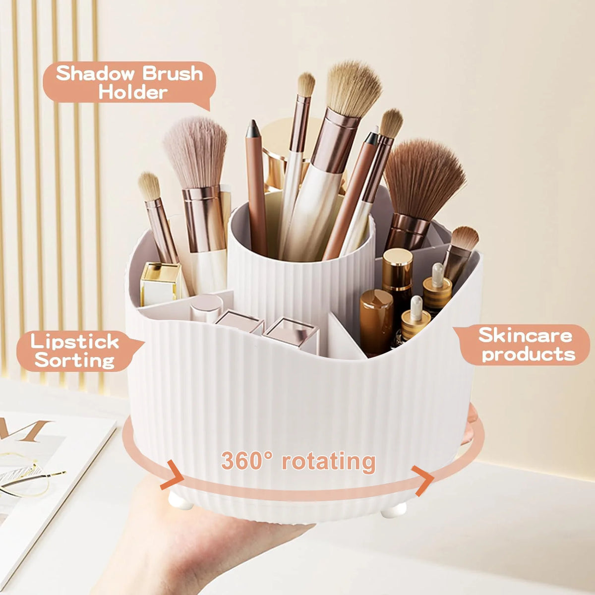 360° Rotating Large Capacity Makeup Holder Desktop Cosmetic Storage Box Organizer Portable Lipstick & Makeup Brush Stand Vue