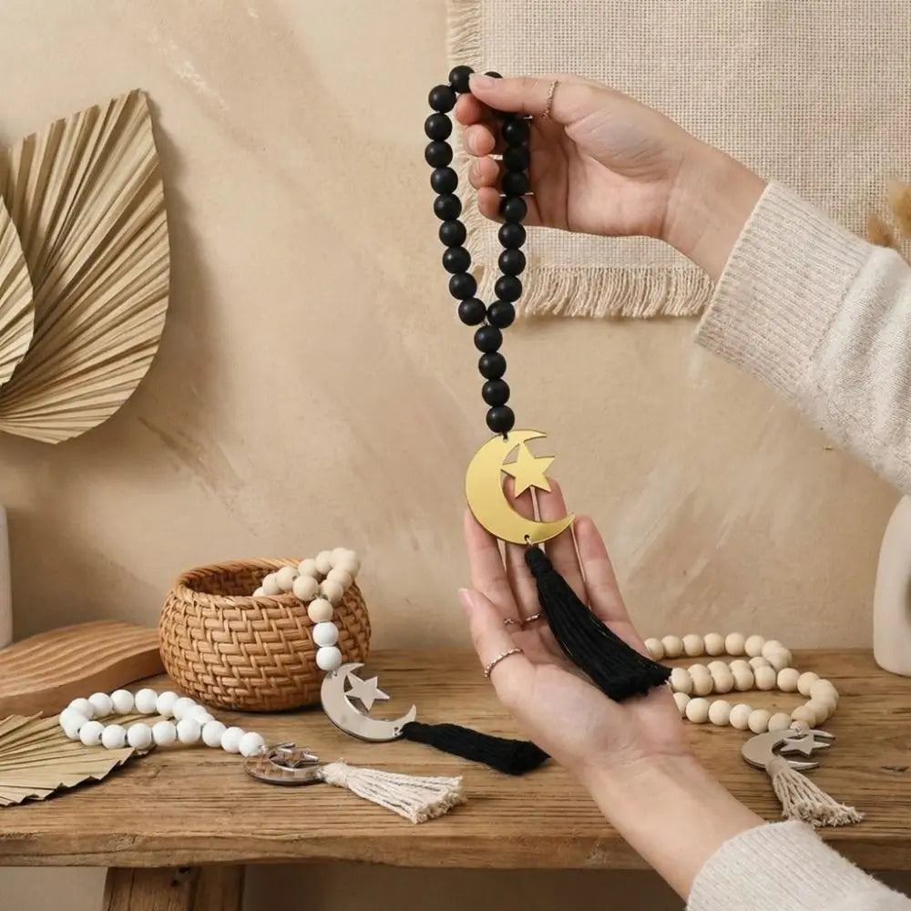 Handmade Wooden Beads Pendant Rustic Style Smooth Star Moon Pendant Decorative with Tassel Eid Mubarak Decor Home Decoration Vue