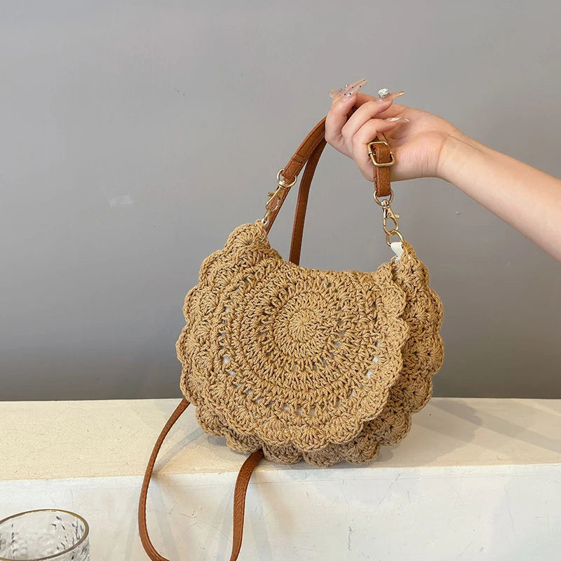 Vintage Woven Handbag Vacation Round Summer Beach Bag Fashion