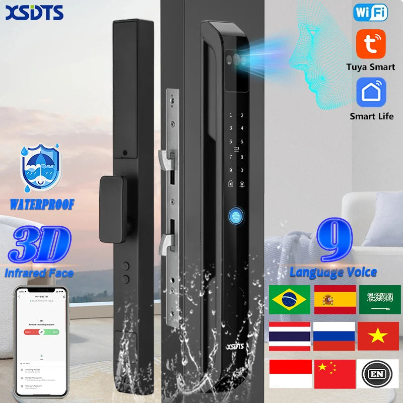 3D Face Tuya WiFi Electronic Smart Door Lock Palm Vein Password Key Fingerprint Aluminum Glass Sliding Door Waterproof Outdoor Vue