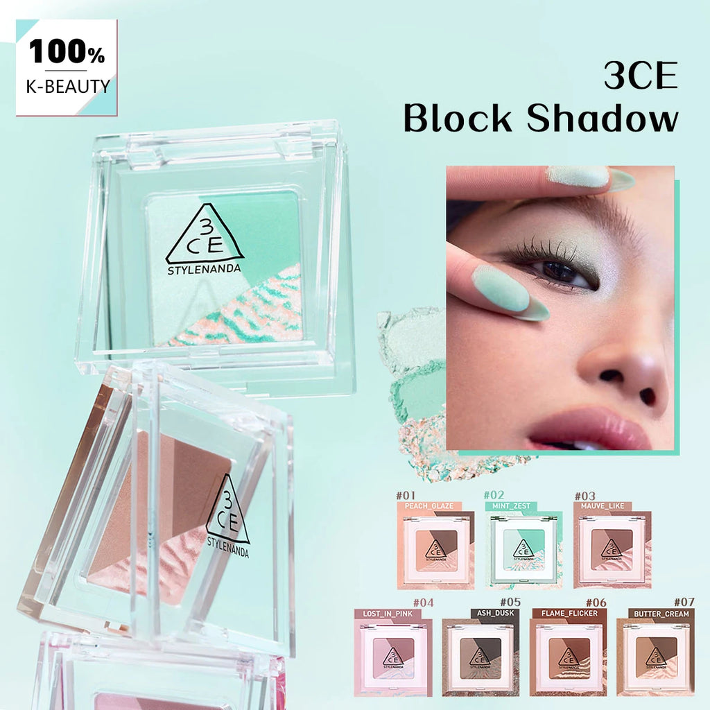 3CE Block Shadow,Fine Powder Texture,Smooth & Minimal Fallout,Color Matching,Fade-Resistant,Korean Cosmetic,Korean Makeup Vue