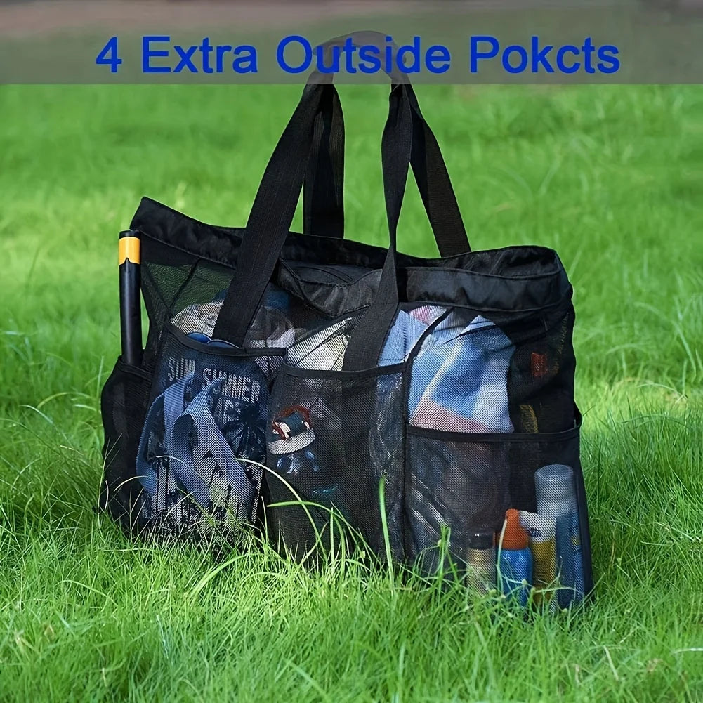 Large Beach Tote Bag Mesh Pockets Zipper Multi Compartments Durable