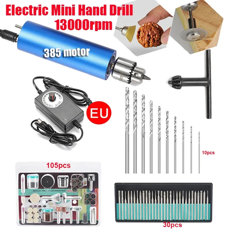 220V 13000rpm Stepless Speed-adjustable Handheld Mini Electric Grinder Polishing and Engraving Electric Drill 385 Type Motor Vue