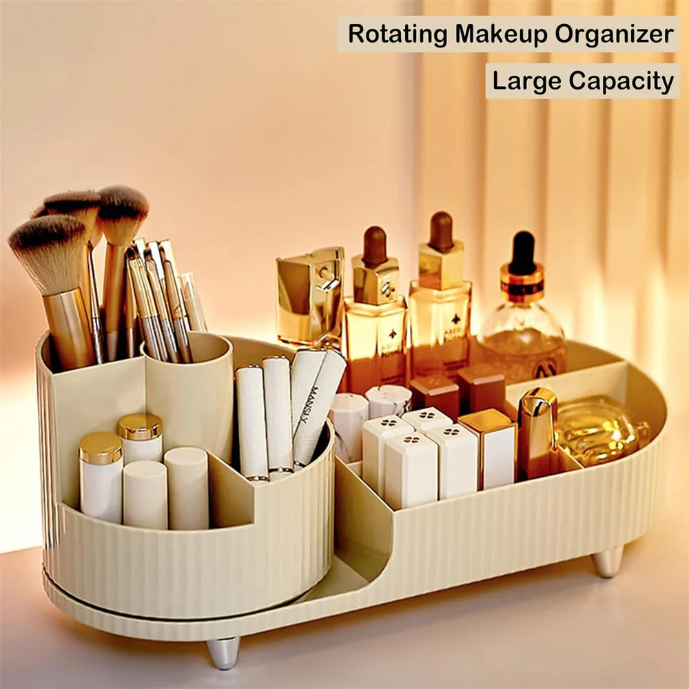 360° Rotating Makeup Organizer for Vanity with Brush Holder, Cosmetic Makeup Storage Organizer, Large Spinning Makeup Organizer Vue