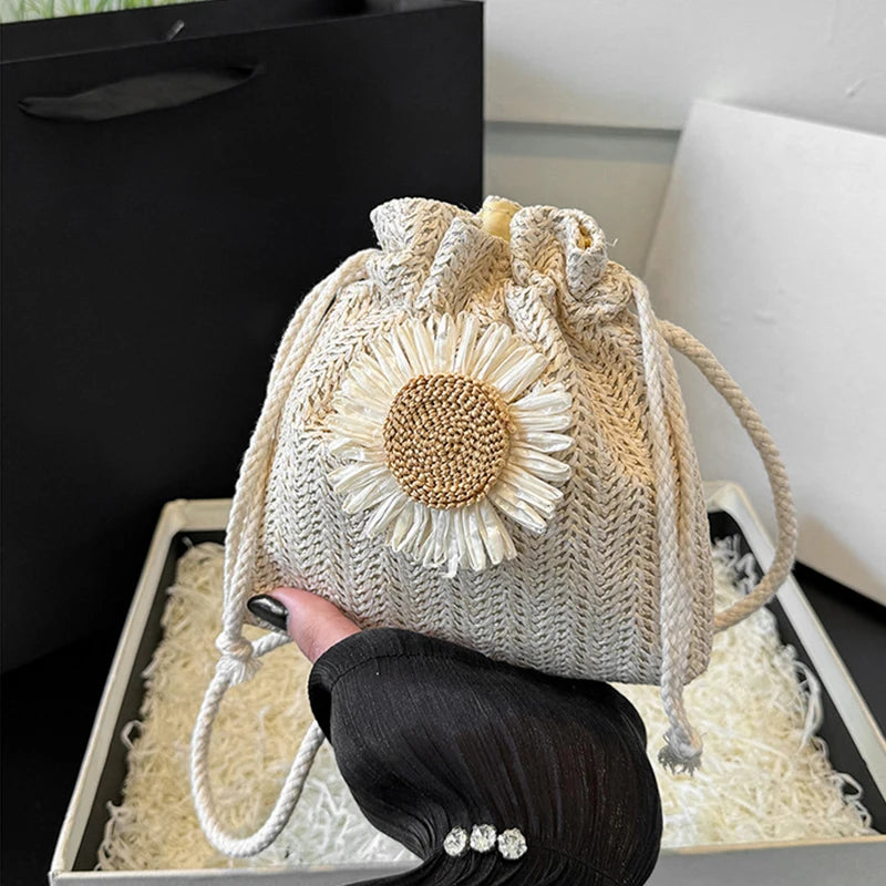 Rattan Woven Women Straw Bag Handbag Knit Flower Summer Beach